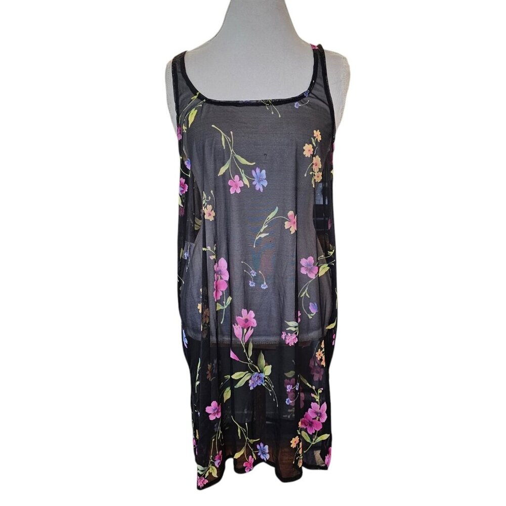 Retro‎ Y2K Whimsigoth Sheer Dress Floral Black Sz M L Mesh Swim Coverup Made USA